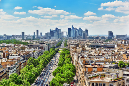 PARIS, FRANCE - JULY 06, 2016 : Beautiful panoramic view of Paris from the roof of the Triumphal Arch. View of the district of La Defense.のeditorial素材