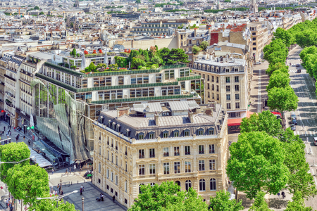 PARIS, FRANCE - JULY 06, 2016: Beautiful panoramic view of Paris from the roof of the Triumphal Arch. France.のeditorial素材