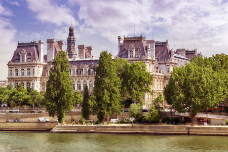 View of the River Seine and most beautiful cities in the world - Paris. Hotel de la Villa. France.のeditorial素材