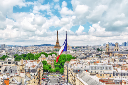 PARIS, FRANCE - JULY 08, 2016 : Beautiful panoramic view of Paris from the roof of the Pantheon. View of the Eiffel Tower and flag of France.のeditorial素材