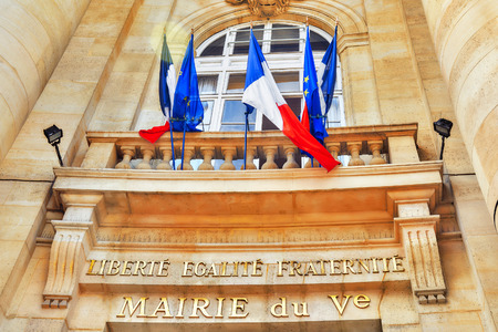 The Inscription, motto of the French Revolution and the national motto of France: Liberte, Fgalite, Fraternite. Paris.の写真素材