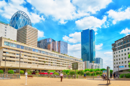 PARIS, FRANCE - JULY 06, 2016 :La Defense, Business Quarter with businessmen in the streets, area of Paris,  French financial center with skyscrapers and modern buildings.のeditorial素材