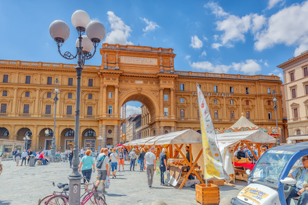 FLORENCE, ITALY- MAY 13, 2017: Square of Republic (Piazza della Repubblica).Piazza della Repubblica marks the site of the forum, the centre of the Roman city. Italy.のeditorial素材