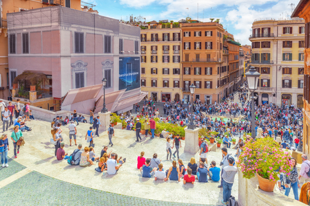 ROME, ITALY - MAY 10, 2017 : Spanish Steps (Scalinata di Trinita dei Monti), Obelisco Sallustiano on Spanish Steps Square(Piazza della Trinita dei Monti) with tourists.のeditorial素材