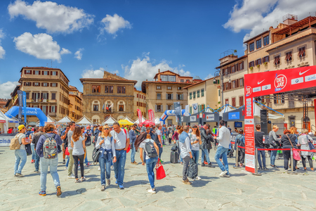 FLORENCE, ITALY- MAY 13, 2017:  Holy Cross Square in  Florence (Piazza di Santa Croce) the city of the Renaissance on Arno river, tourists around. Italy.のeditorial素材