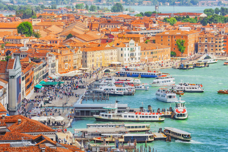 Panoramic view of Venice from the Campanile tower of St. Mark's Cathedral (Campanile di San Marco)- seafront promenade near St. Mark's Square. Italy.のeditorial素材