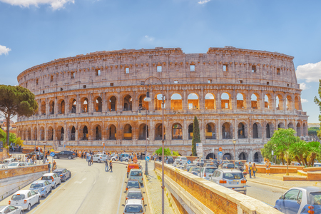 ROME, ITALY-MAY 08, 2017:  Beautiful landscape of the Colosseum in Rome through street Via degli Annibaldi with cars in the daytime.のeditorial素材