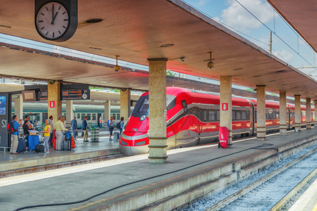 FLORENCE, ITALY - MAY 15, 2017 : Modern high-speed passenger train stand on the Florence  railways station-Firenze Santa Maria Novella. Italy.のeditorial素材