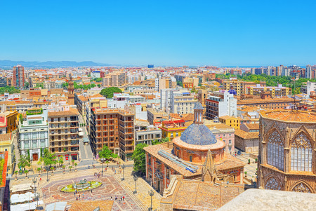 Valencia, Spain - June 13, 2017 : Panoramic view on squares, buildings, streets of Valencia,on the east coast of Spain, is the capital of the autonomous community of Valencia and the third-largest city in Spain after Madrid and Barcelona.のeditorial素材