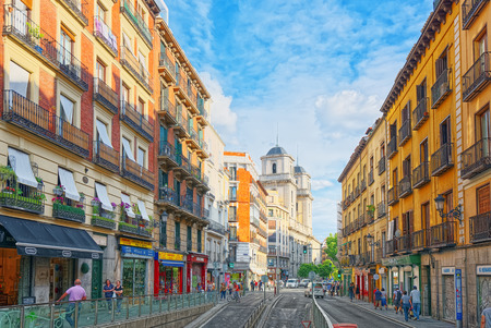 Madrid, Spain- June 04, 2017: Street of Madrid in the downtown of the city with tourists and people. Madrid-capital of Spain and one of the most beautiful cities in the world.のeditorial素材