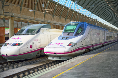 Seville, Spain - June 08, 2017 : Modern hi-speed passenger train of Spanish railways company-Renfe, on Seville railways station Sevilla Santa Justa. のeditorial素材