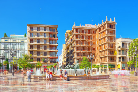 Valencia, Spain - June 13, 2017 : Square of the Virgin Saint Mary near Valencia Cathedral and  fountain Rio Turia. のeditorial素材
