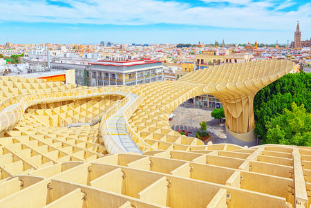 Panoramic view of the city of Seville from the observation platform Metropol Parasol, locally also known as Las Setasの写真素材