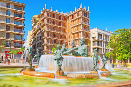 Valencia, Spain - June 13, 2017 : Square of the Virgin Saint Mary near Valencia Cathedral and  fountain Rio Turia. のeditorial素材
