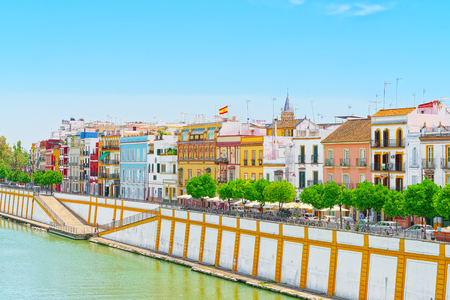 Seville, Spain - June 08, 2017 : View from the coast of the Guadalquivir to the Triana district in Seville. Spain. のeditorial素材