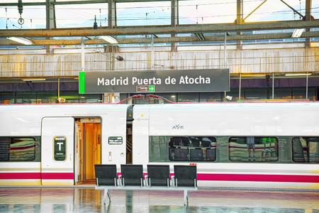 Madrid, Spain - June 08, 2017 : Modern hi-speed passenger train of Spanish railways company-Renfe, on Madrid railways station Puerta de Atocha.のeditorial素材