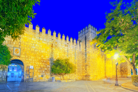 View of  is a royal palace in Seville, Andalusia, Spain, originally developed by Arab Muslim kings. Also medieval residence of Spanish kings- Royal Alcazar of Seville. Spain.のeditorial素材
