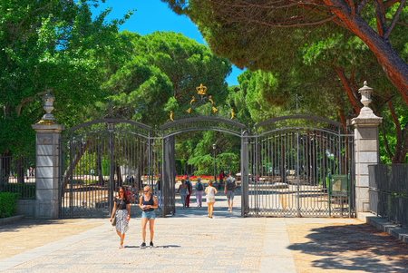 Madrid, Spain - June 05,2017:Entrance gate to Sabatini Gardens (Jardines de Sabatini) are part of the Royal Palace in Madrid, Spain, and were opened to the public by King Juan Carlos I in 1978.のeditorial素材