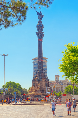 Barcelona, Spain - June 12, 2017 : Monument of Columbus, stand near Rambla Avenue in Barcelona, most popular place for tourists. Spain.のeditorial素材