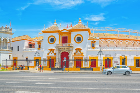 Seville, Spain - June 08,2017 : Outdoor view of Arena on of Square of bulls Royal Maestranza of Cavalry in Seville.(Plaza de toros de la Real Maestranza de Caballeria de Sevilla).のeditorial素材