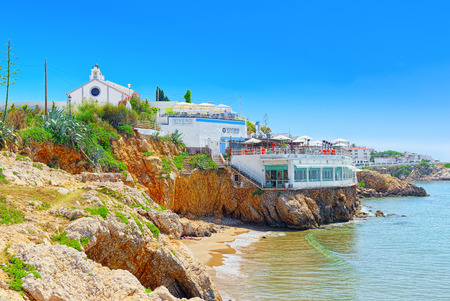 Sitges, Spain - June 14, 2017 : View of the beach and the sea shore of a small resort town Sitges in the suburbs of Barcelona.のeditorial素材
