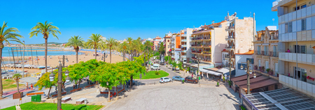 Sitges, Spain - June 14, 2017 : View of the embankment and the promenade in small resort town-Sitges in the suburbs of Barcelona. Spain.のeditorial素材
