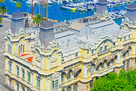 Barcelona, Spain - June 12, 2017 : Panorama Barcelona from the monument to Christopher Columbus. Port Authority - Admiral Historic Authority (Edificio Portal de la Pau - Port de Barcelona).Spain.のeditorial素材