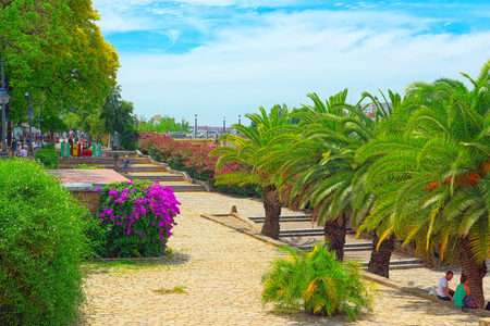 Seville, Spain - June 09, 2017 : View from the waterfronf of the Guadalquivir river  in Seville. Spain. のeditorial素材