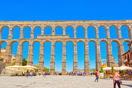 Segovia, Spain- June 07, 2017: Aqueduct of Segovia (or more precisely, the aqueduct bridge) is a Roman aqueduct in Segovia. Segovia  were declared World Heritage Sites by UNESCO.のeditorial素材