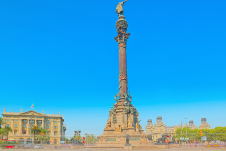 Barcelona, Spain - June 12, 2017 : Monument of Columbus, stand near Rambla Avenue in Barcelona, most popular place for tourists. Spain.のeditorial素材
