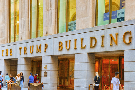 New York,USA -September 04,2017 : Trump Building on financial Wall Street in the New York with people and tourists.のeditorial素材