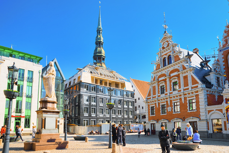 Riga, Latvia - April 12, 2018: Town Hall Square (Latvian Ratslaukums) is one of the central squares of Riga, located in the Old Town.のeditorial素材