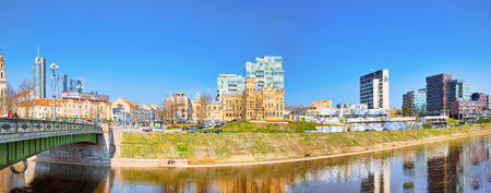 Vilnius; Lithuania - April 12, 2018: Landscapes of modern part of  Vilnius and Vilna River.のeditorial素材