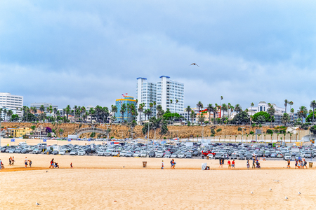 Santa Monica, California, USA - September 06, 2018: View of the beach of Santa Monica and the Pacific Ocean. Suburbs of Los Angeles.