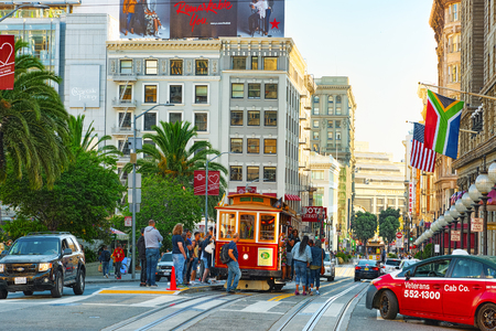 San Francisco, California, USA - September 09, 2018: Retro, vintage and tourist  cable car.のeditorial素材