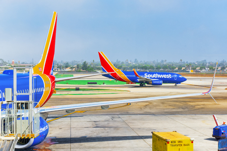 Los Angelos, California, USA - September 08, 2018: Terminal view of Los Angeles Airport named by Tom Bradley.View of the airfield with airplanes.のeditorial素材