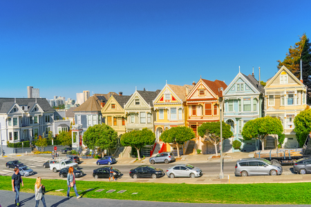 San Francisco, California, USA - September 11, 2018: Panoramic view of the San Francisco Painted ladies (Victorian Houses).のeditorial素材