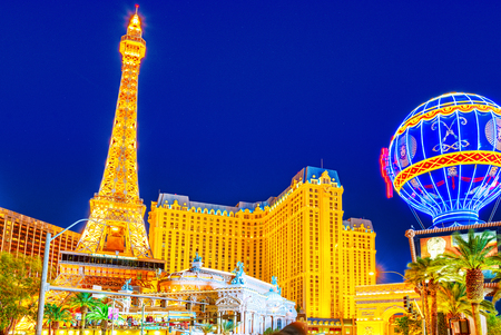 Las Vegas, Nevada, USA - September 15, 2018: Main street of Las Vegas-is the Strip in evening time. Casino, hotel and resort- Paris.のeditorial素材