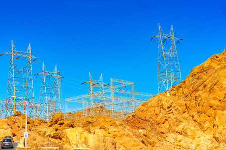 Famous and amazing Dam at Lake Mead, Nevada and Arizona Border. Power lines.  USA.