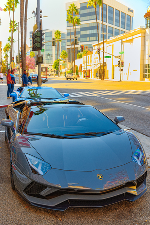 Los Angelos, California, USA - September 23, 2018: Beautiful and expensive sports cars on fashionable street Rodeo Drive in Hollywood.のeditorial素材