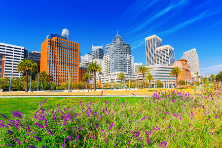 San Francisco, California, USA - September 09, 2018: View of downtown from the Embarcadero street,  San Francisco.のeditorial素材