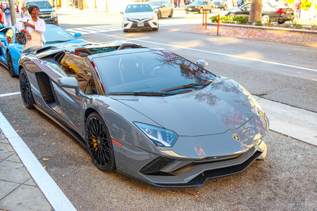 Los Angelos, California, USA - September 23, 2018: Beautiful and expensive sports cars on fashionable street Rodeo Drive in Hollywood.のeditorial素材