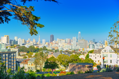 San Francisco, California, USA - September 10, 2018: Panoramic view of the San Francisco Painted ladies (Victorian Houses).のeditorial素材