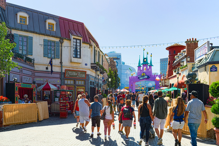 Los Angelos, California, USA - September 07, 2018: World famous park Universal Studios in Hollywood. Central walking streets of the park.のeditorial素材