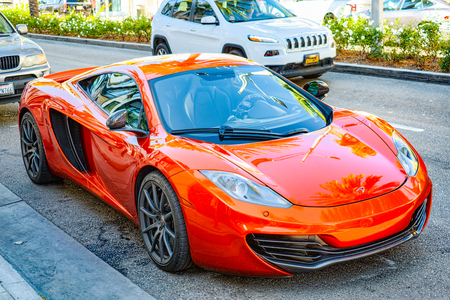 Los Angelos, California, USA - September 23, 2018: Beautiful and expensive sports cars on fashionable street Rodeo Drive in Hollywood.のeditorial素材