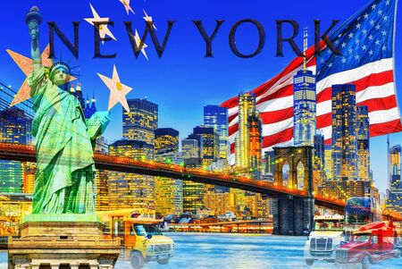 New York night view of the Lower Manhattan and the Brooklyn Bridge across the East River. USA.の写真素材