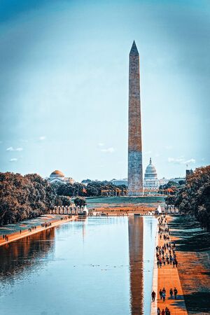 Washington Monument, Lincoln Memorial Reflecting Pool  and World War II Memorial on National Mall.の写真素材