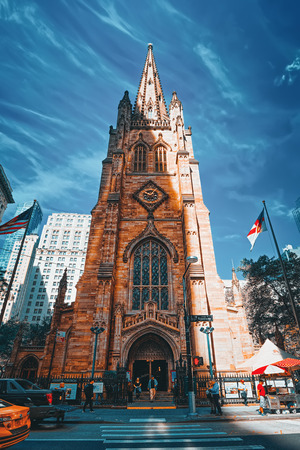New York, USA- September 08, 2017 : St. Paul's Chapel of Trinity Church Wall Street on Broadway, urban view of New York.のeditorial素材