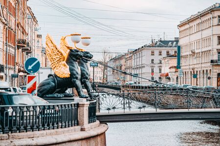 Bank Bridge is decorated with figures of griffins. Urban View of Saint Petersburg. Russia.のeditorial素材