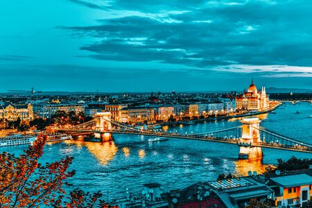 Szechenyi Chain Bridge and Parliament at dusk from Fisherman Bastion. Budapest, Hungary.の写真素材